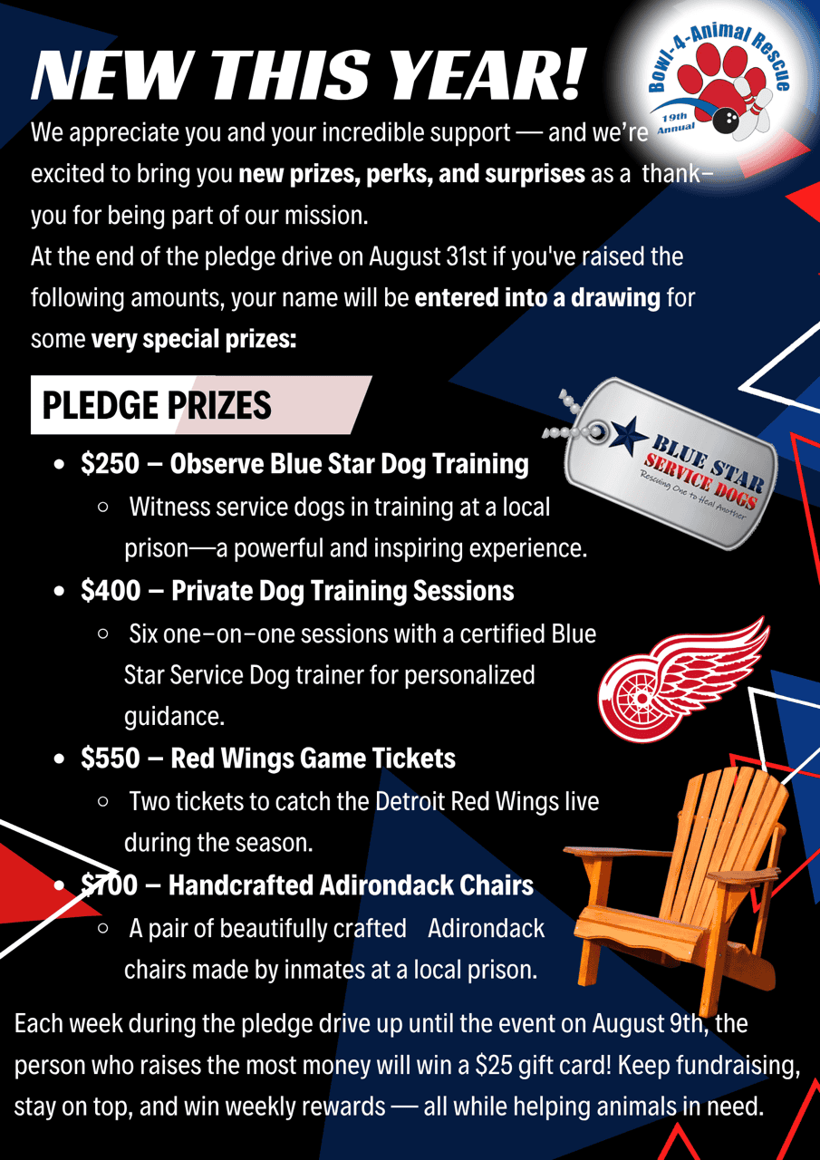 B4AR Pledge prizes Bowl 4 animal rescue pledge drive prizes
